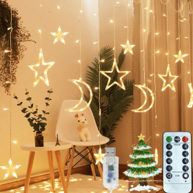 Ramadan Solar Icicle Lights,Outdoor Waterproof Moons Stars Curtain Window String with 8 Modes Timer Remote (quantity: 2Pcs)
